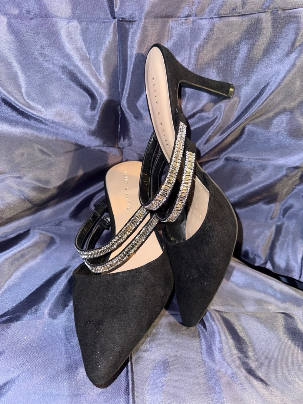 Kelly & Katie Black Pointed Rhinestone-Strap Heeled Mules